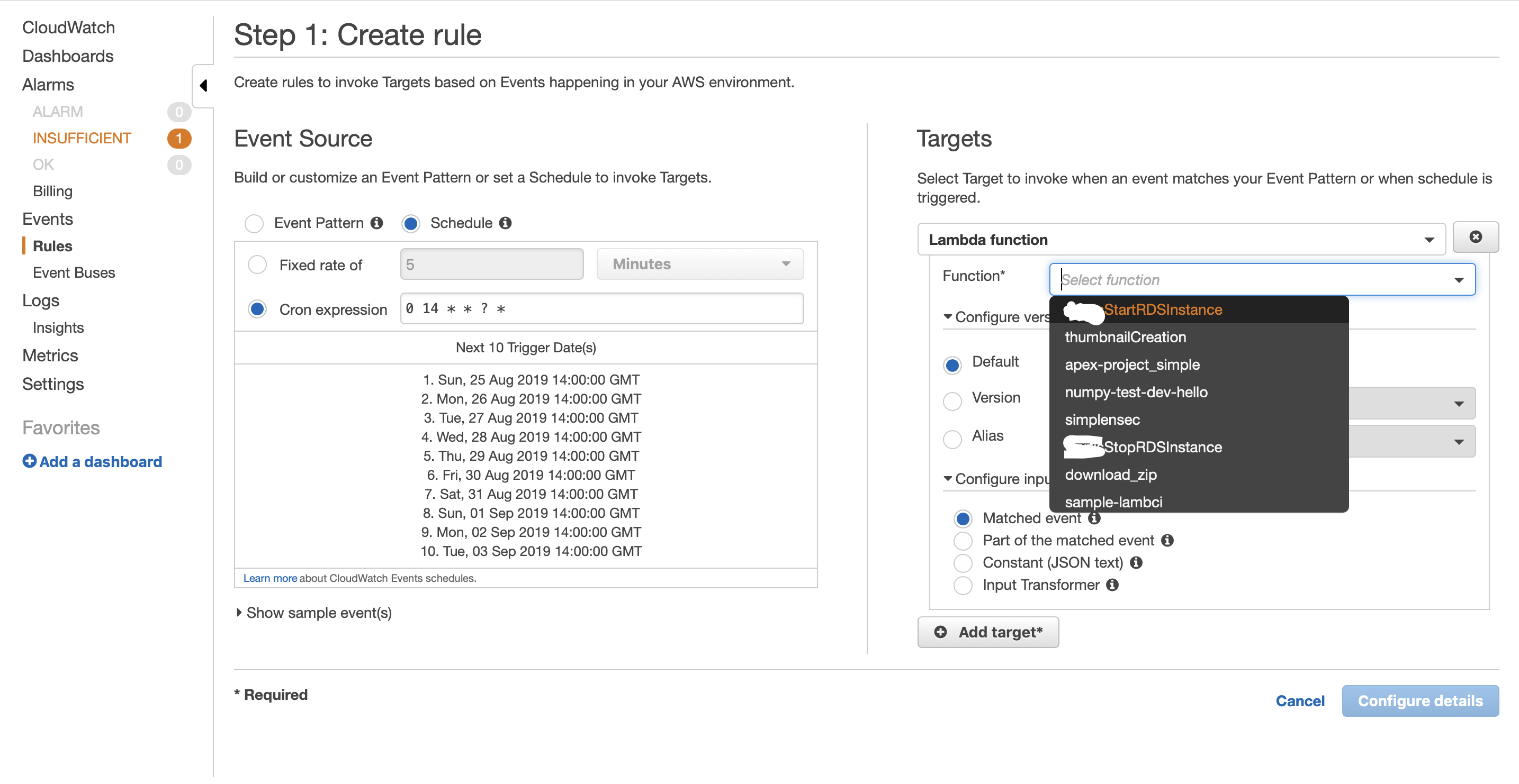 Create CloudWatch Rule save and attach event